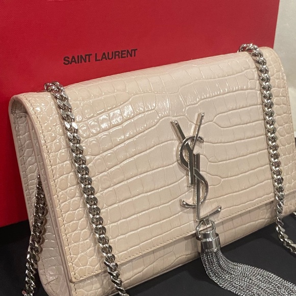 Saint Laurent Cream Croc-Embossed Chain Bag - Picture 4 of 14